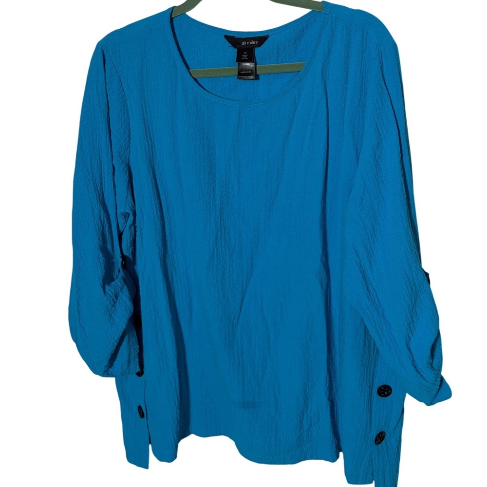 Ali Miles Womens 1X Bright Blue Textured 3/4 Sleeve Button Top‎ Artsy Lagenlook